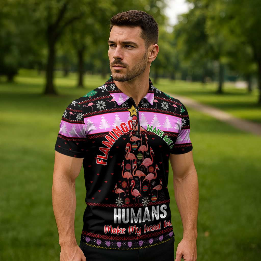 Flamingo Make Me Happy Christmas Zipper Polo Shirt Funny Xmas Holiday Patterns - Wonder Print Shop