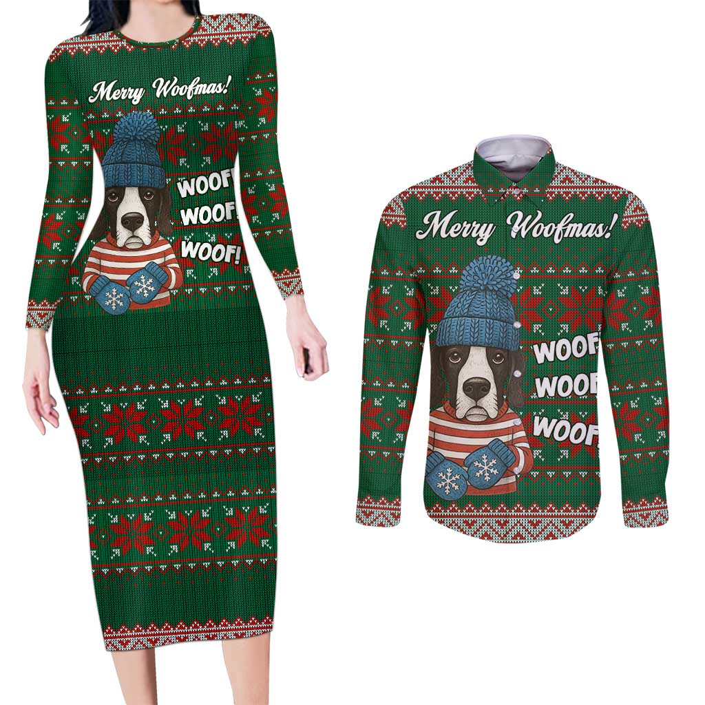 Great Dane Woofmas Christmas Couples Matching Long Sleeve Bodycon Dress and Long Sleeve Button Shirt Funny Xmas Holiday Patterns - Wonder Print Shop