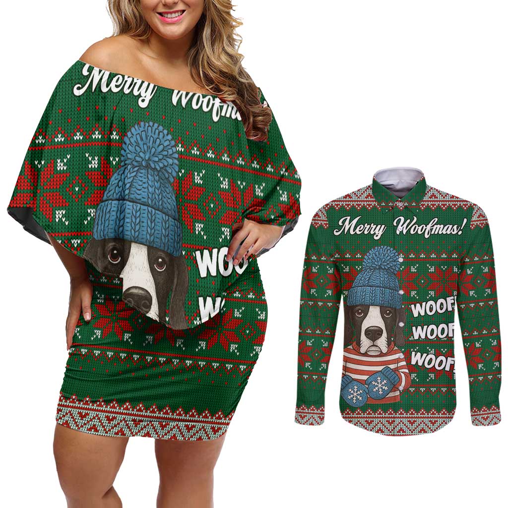 Great Dane Woofmas Christmas Couples Matching Off Shoulder Short Dress and Long Sleeve Button Shirt Funny Xmas Holiday Patterns - Wonder Print Shop