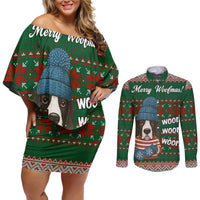 Great Dane Woofmas Christmas Couples Matching Off Shoulder Short Dress and Long Sleeve Button Shirt Funny Xmas Holiday Patterns - Wonder Print Shop