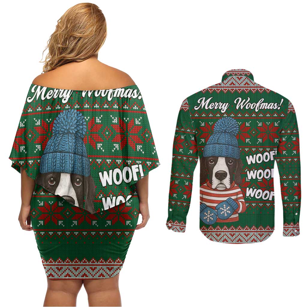 Great Dane Woofmas Christmas Couples Matching Off Shoulder Short Dress and Long Sleeve Button Shirt Funny Xmas Holiday Patterns - Wonder Print Shop