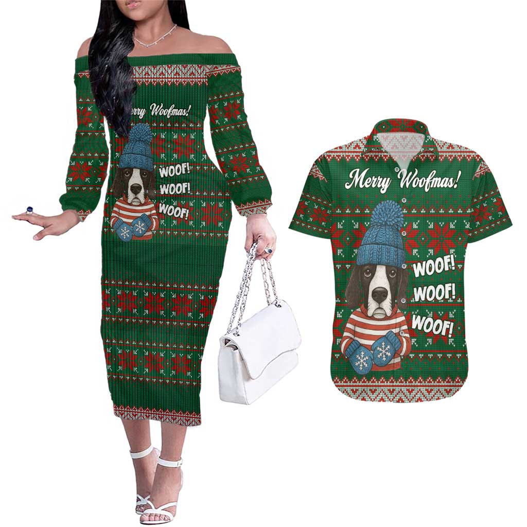 Great Dane Woofmas Christmas Couples Matching Off The Shoulder Long Sleeve Dress and Hawaiian Shirt Funny Xmas Holiday Patterns - Wonder Print Shop
