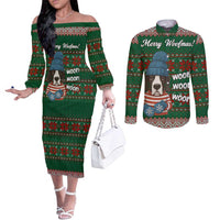 Great Dane Woofmas Christmas Couples Matching Off The Shoulder Long Sleeve Dress and Long Sleeve Button Shirt Funny Xmas Holiday Patterns - Wonder Print Shop