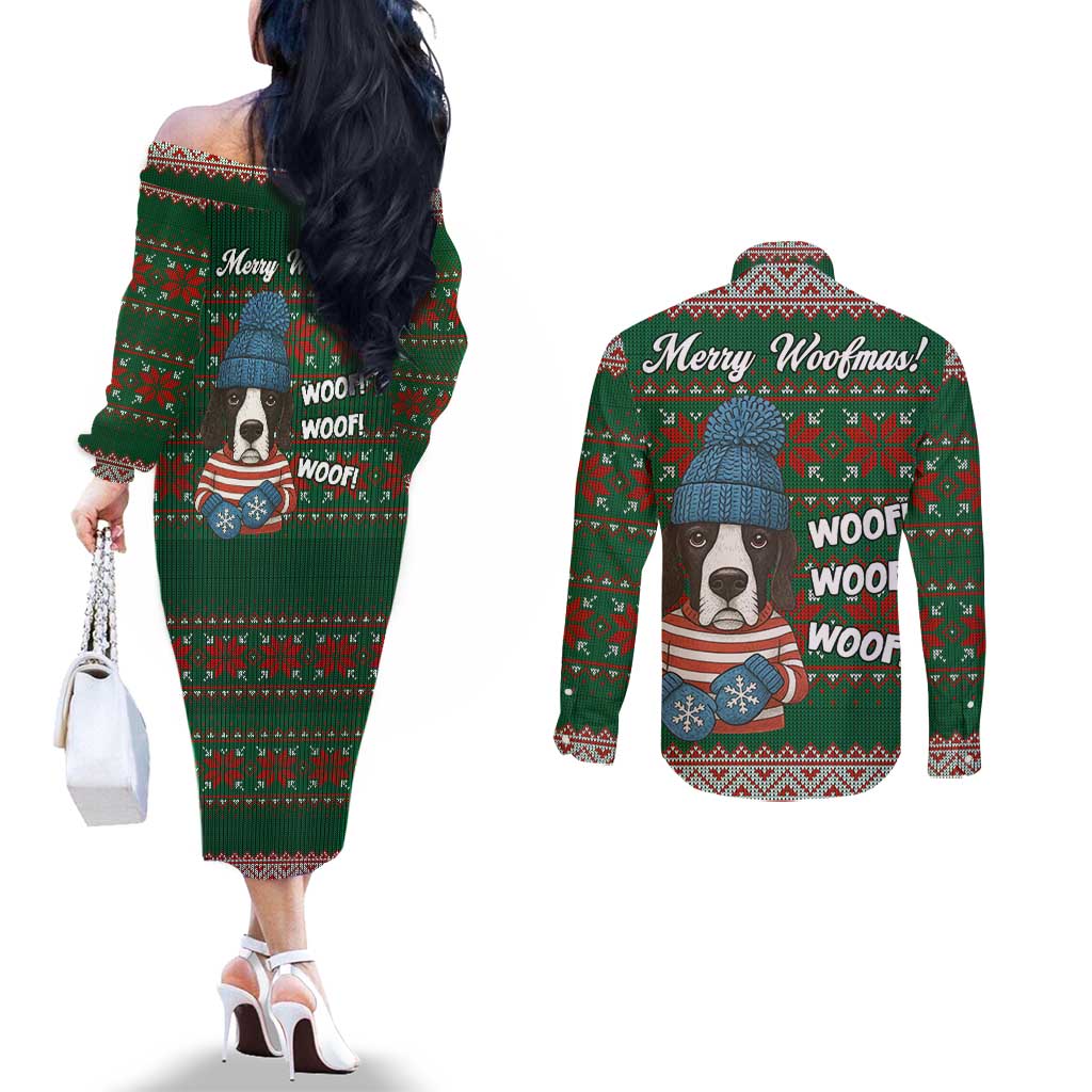 Great Dane Woofmas Christmas Couples Matching Off The Shoulder Long Sleeve Dress and Long Sleeve Button Shirt Funny Xmas Holiday Patterns - Wonder Print Shop