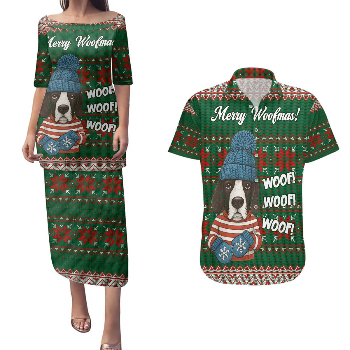 Great Dane Woofmas Christmas Couples Matching Puletasi and Hawaiian Shirt Funny Xmas Holiday Patterns - Wonder Print Shop