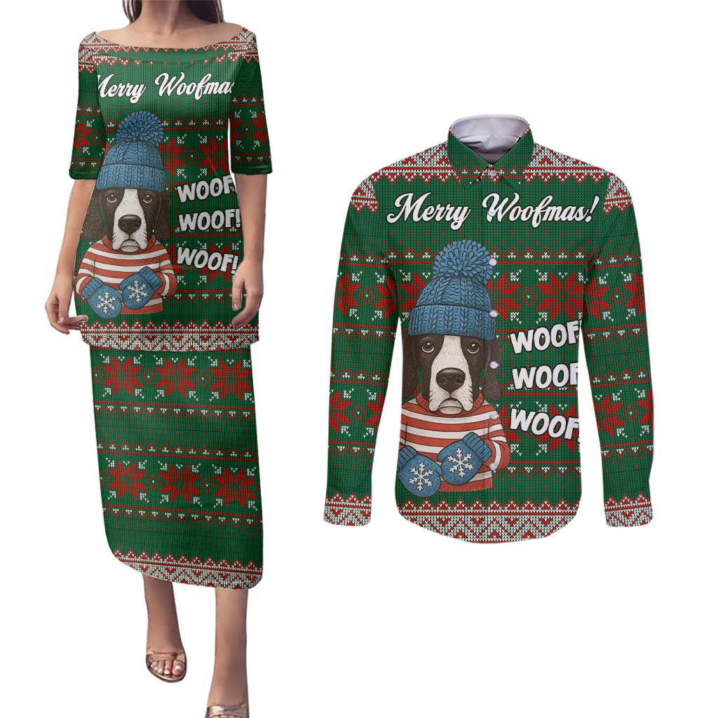 Great Dane Woofmas Christmas Couples Matching Puletasi and Long Sleeve Button Shirt Funny Xmas Holiday Patterns - Wonder Print Shop
