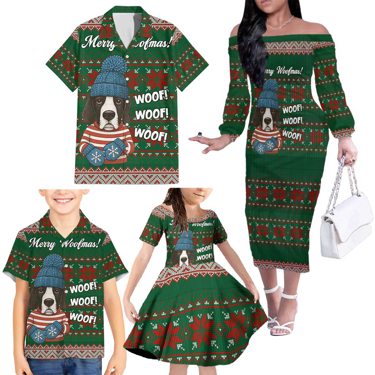 Great Dane Woofmas Christmas Family Matching Off The Shoulder Long Sleeve Dress and Hawaiian Shirt Funny Xmas Holiday Patterns - Wonder Print Shop