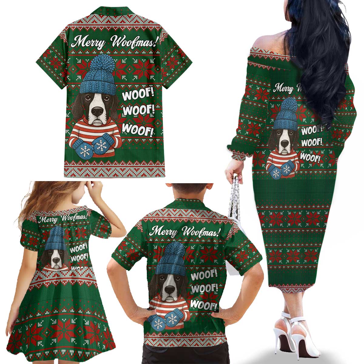 Great Dane Woofmas Christmas Family Matching Off The Shoulder Long Sleeve Dress and Hawaiian Shirt Funny Xmas Holiday Patterns - Wonder Print Shop