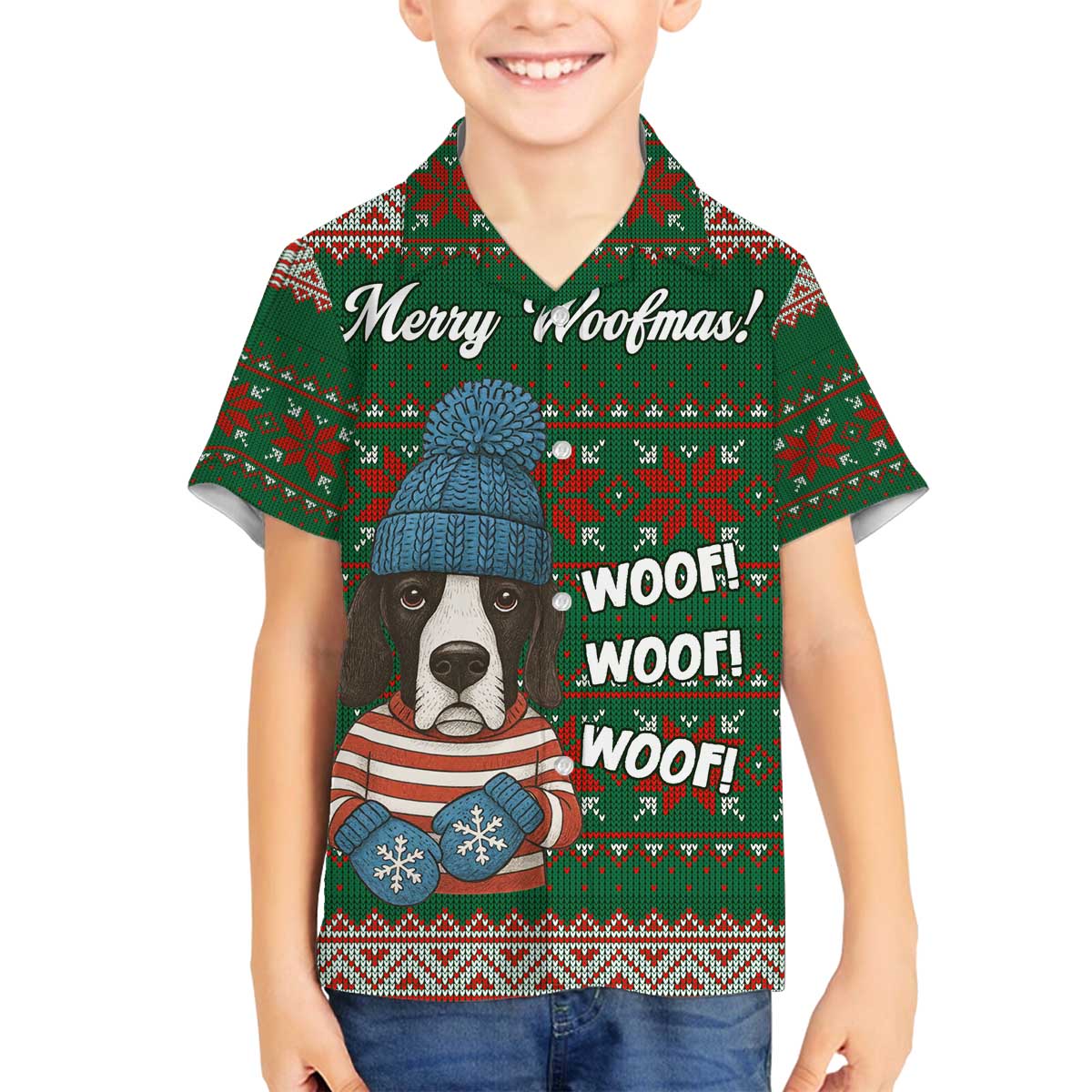 Great Dane Woofmas Christmas Family Matching Off The Shoulder Long Sleeve Dress and Hawaiian Shirt Funny Xmas Holiday Patterns - Wonder Print Shop
