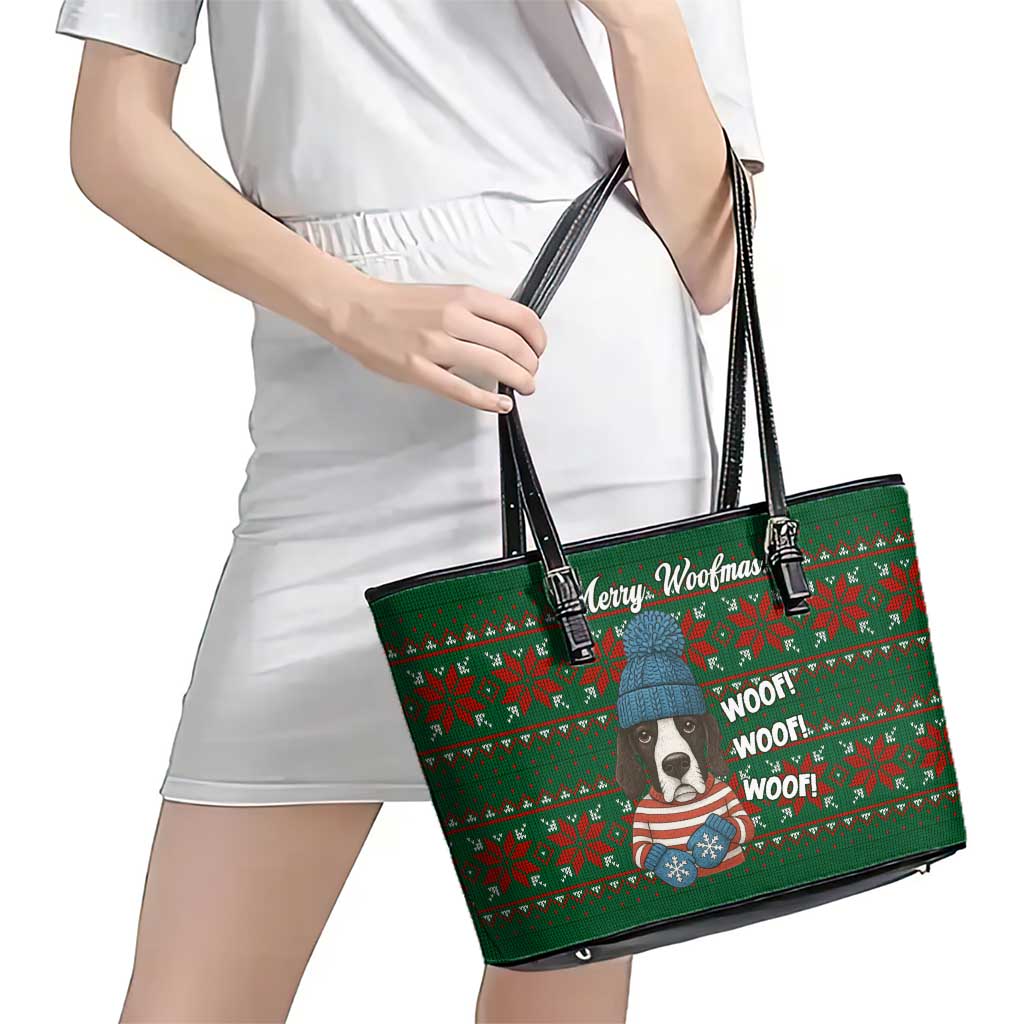 Great Dane Woofmas Christmas Leather Tote Bag Funny Xmas Holiday Patterns - Wonder Print Shop