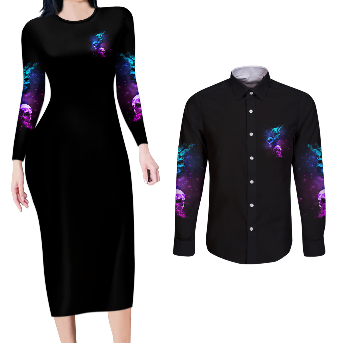 Karma Fairy Three Skulls Couples Matching Long Sleeve Bodycon Dress and Long Sleeve Button Shirt - Wonder Print Shop
