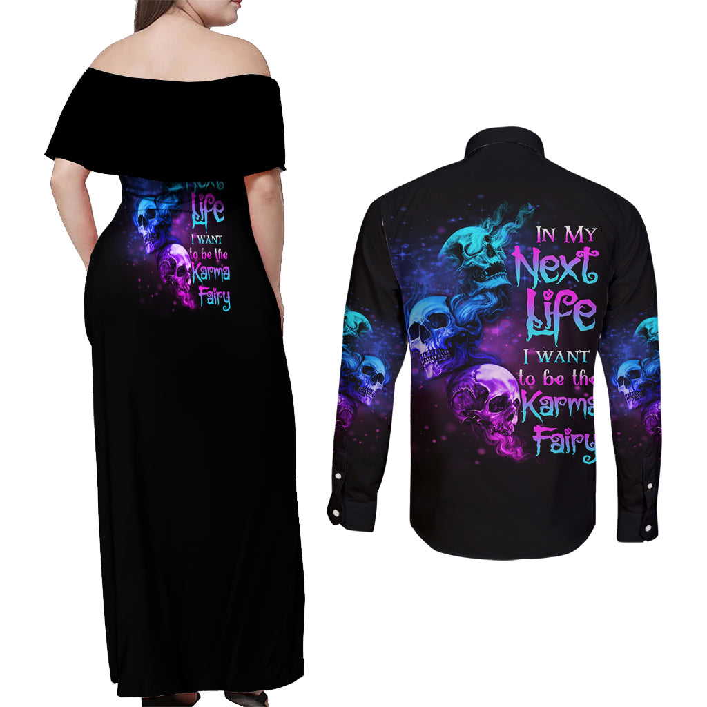 Karma Fairy Three Skulls Couples Matching Off Shoulder Maxi Dress and Long Sleeve Button Shirt - Wonder Print Shop