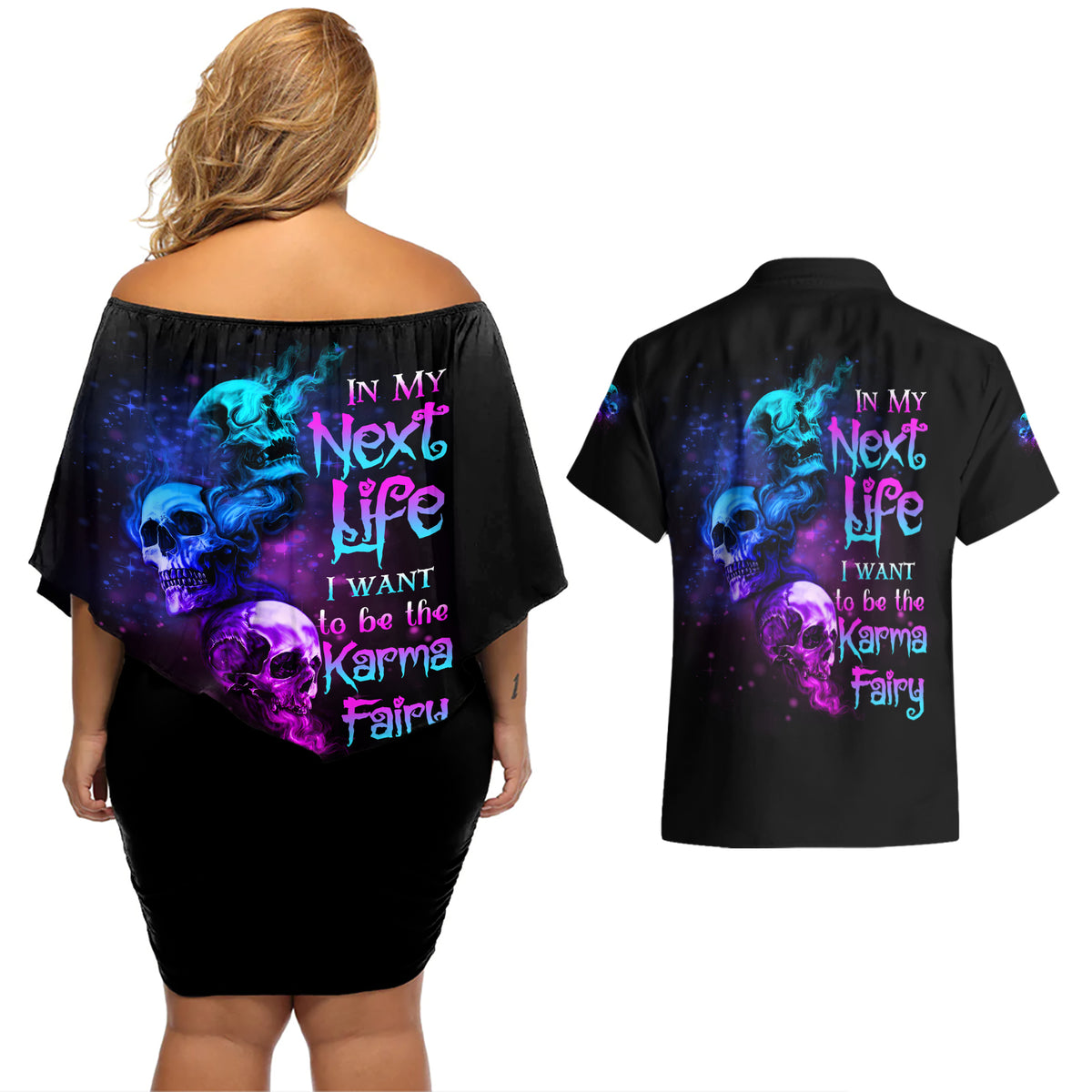 Karma Fairy Three Skulls Couples Matching Off Shoulder Short Dress and Hawaiian Shirt - Wonder Print Shop