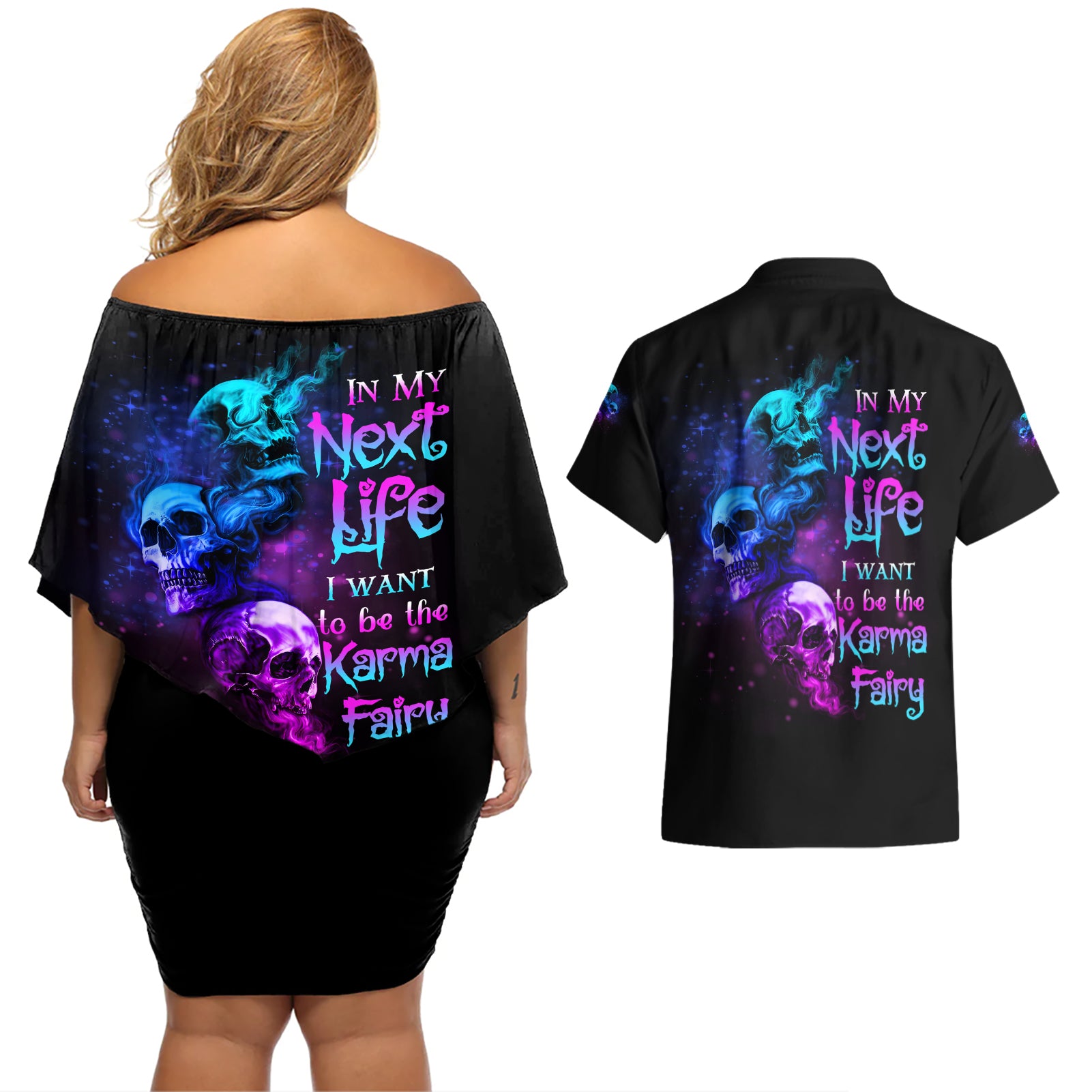 Karma Fairy Three Skulls Couples Matching Off Shoulder Short Dress and Hawaiian Shirt - Wonder Print Shop