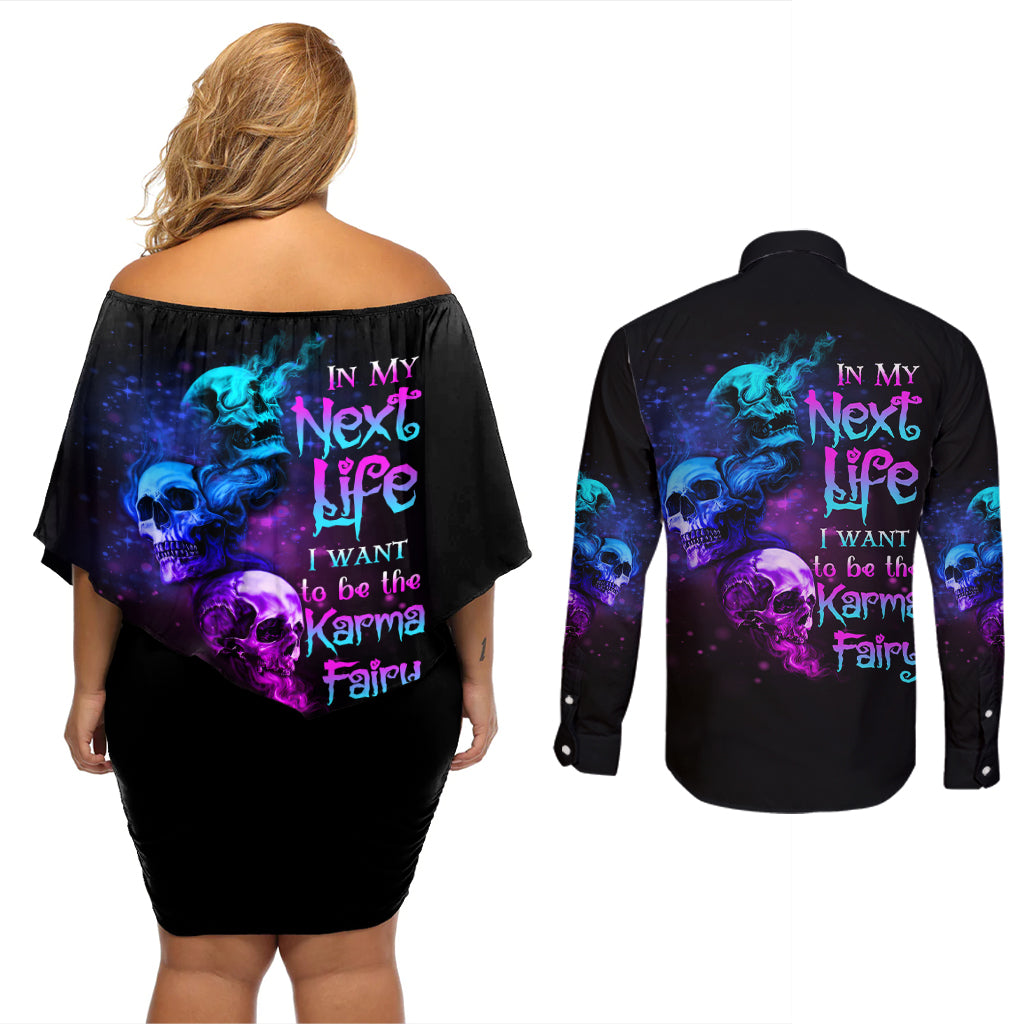 Karma Fairy Three Skulls Couples Matching Off Shoulder Short Dress and Long Sleeve Button Shirt - Wonder Print Shop