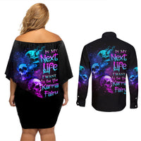 Karma Fairy Three Skulls Couples Matching Off Shoulder Short Dress and Long Sleeve Button Shirt - Wonder Print Shop