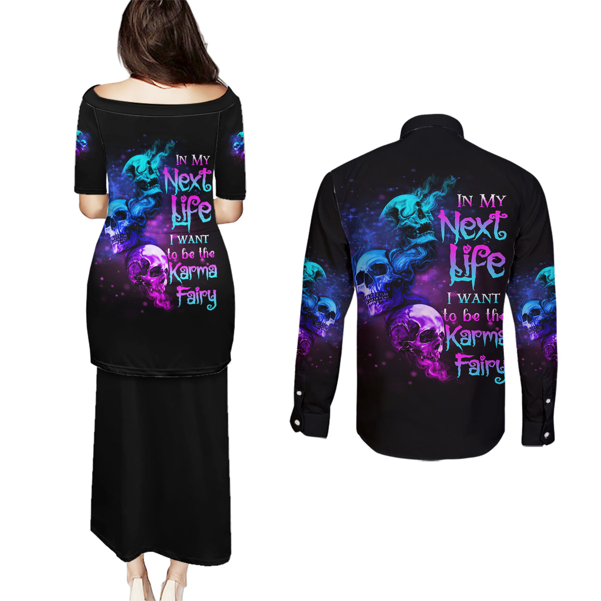 Karma Fairy Three Skulls Couples Matching Puletasi Dress and Long Sleeve Button Shirt - Wonder Print Shop