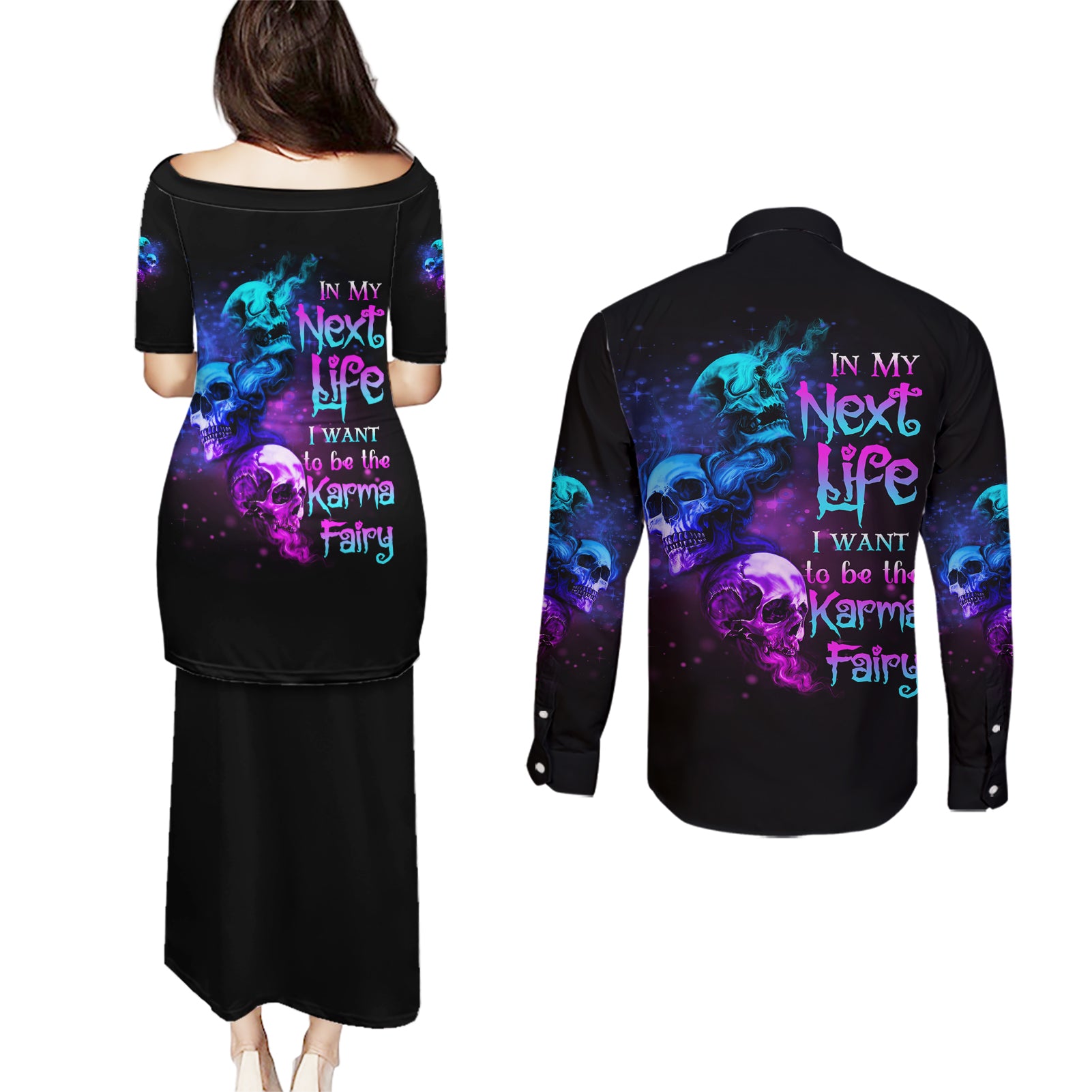 Karma Fairy Three Skulls Couples Matching Puletasi Dress and Long Sleeve Button Shirt - Wonder Print Shop