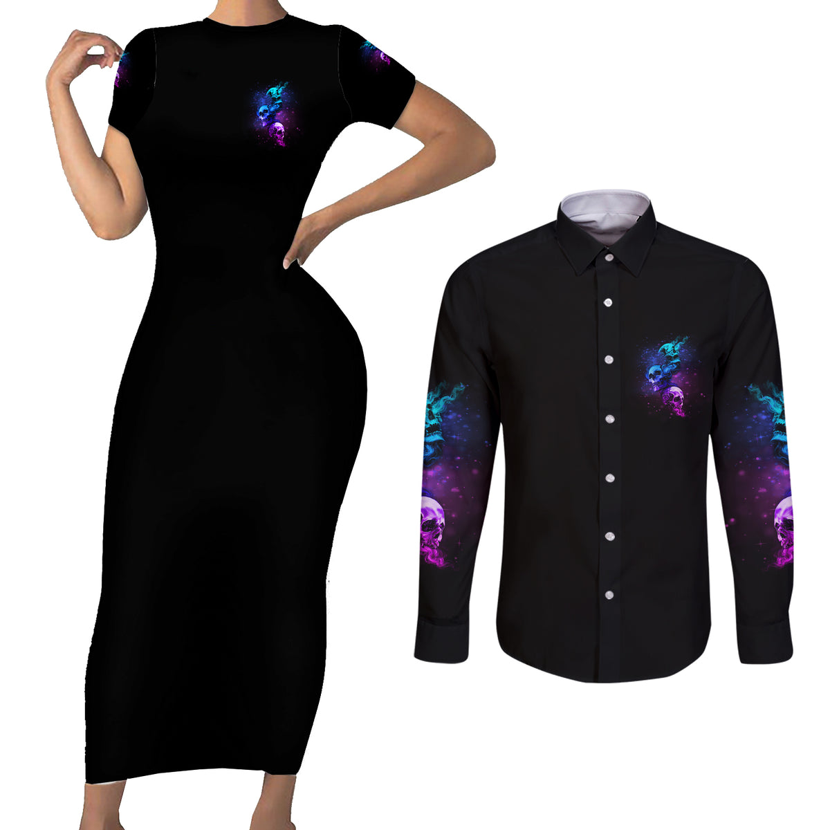 Karma Fairy Three Skulls Couples Matching Short Sleeve Bodycon Dress and Long Sleeve Button Shirt - Wonder Print Shop