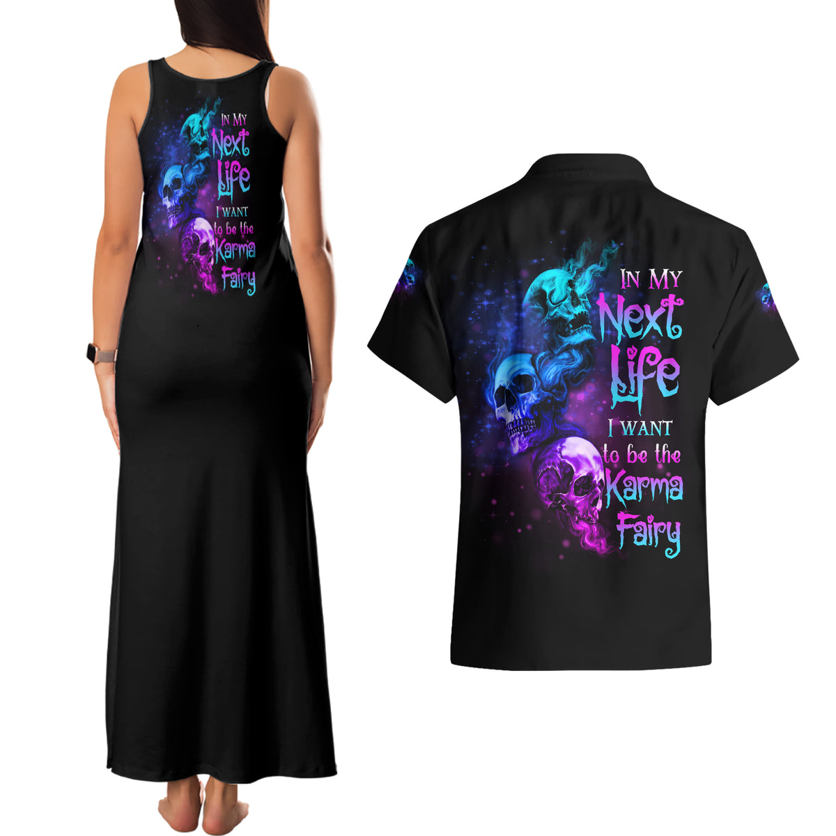 Karma Fairy Three Skulls Couples Matching Tank Maxi Dress and Hawaiian Shirt - Wonder Print Shop