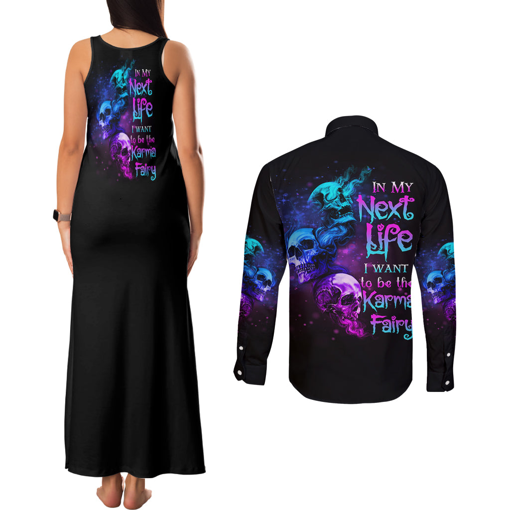 Karma Fairy Three Skulls Couples Matching Tank Maxi Dress and Long Sleeve Button Shirt - Wonder Print Shop