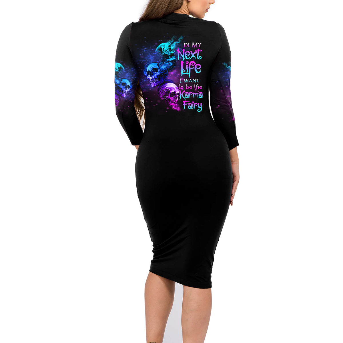 Karma Fairy Three Skulls Family Matching Long Sleeve Bodycon Dress and Hawaiian Shirt - Wonder Print Shop