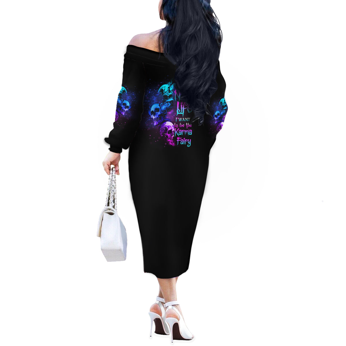 Karma Fairy Three Skulls Off The Shoulder Long Sleeve Dress - Wonder Print Shop