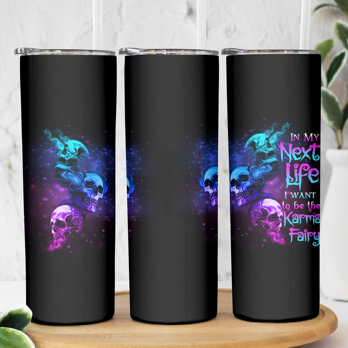 Karma Fairy Three Skulls Skinny Tumbler - Wonder Print Shop