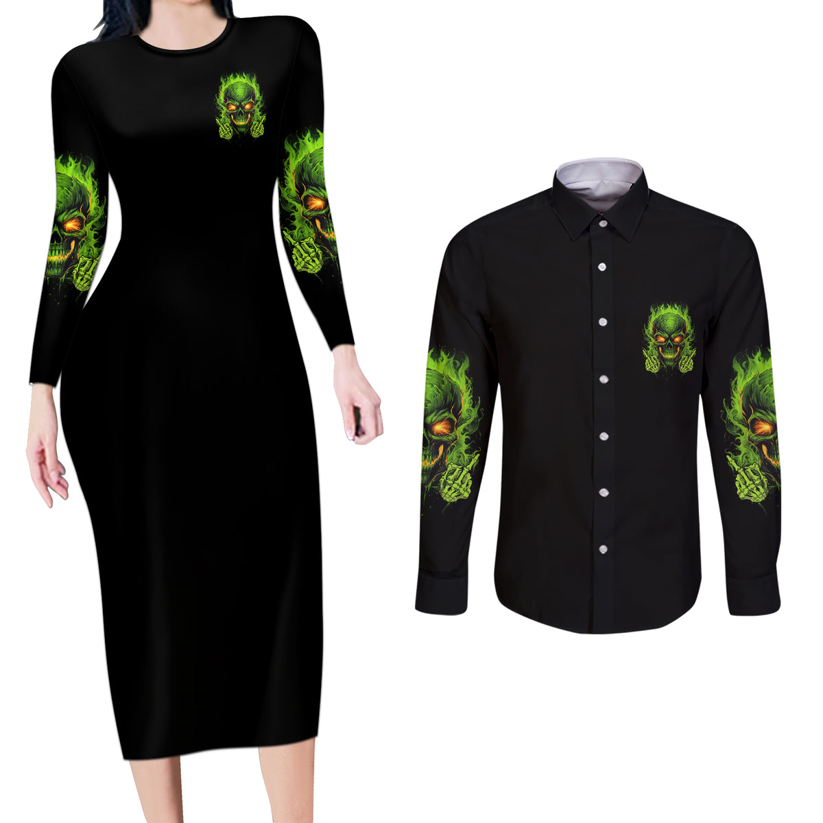 I Can't Go To Hell Reaper Skull Couples Matching Long Sleeve Bodycon Dress and Long Sleeve Button Shirt - Wonder Print Shop