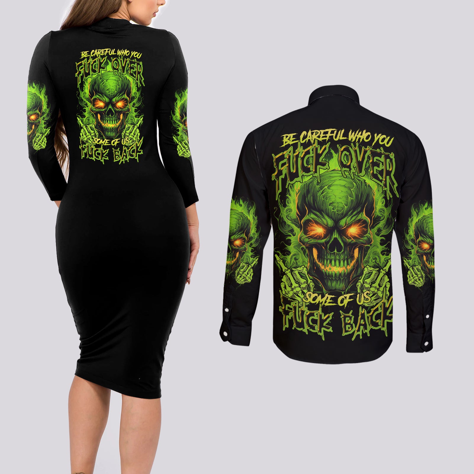 I Can't Go To Hell Reaper Skull Couples Matching Long Sleeve Bodycon Dress and Long Sleeve Button Shirt - Wonder Print Shop