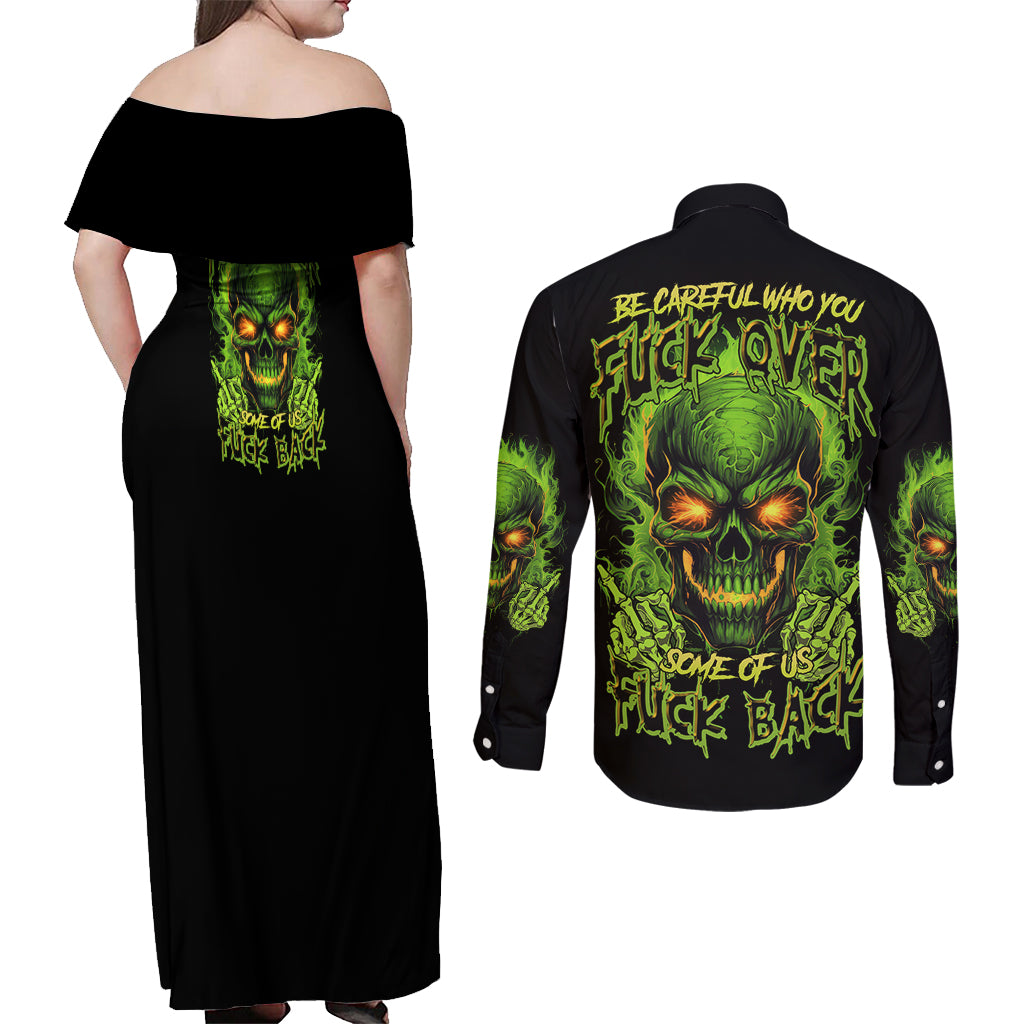 I Can't Go To Hell Reaper Skull Couples Matching Off Shoulder Maxi Dress and Long Sleeve Button Shirt - Wonder Print Shop
