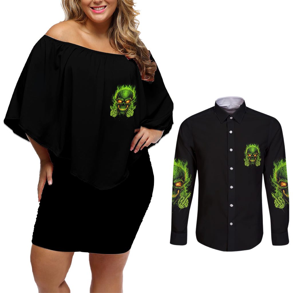 I Can't Go To Hell Reaper Skull Couples Matching Off Shoulder Short Dress and Long Sleeve Button Shirt - Wonder Print Shop