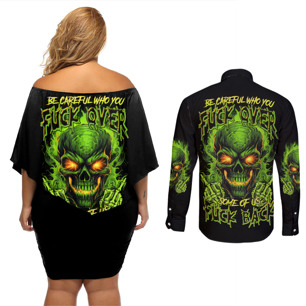 I Can't Go To Hell Reaper Skull Couples Matching Off Shoulder Short Dress and Long Sleeve Button Shirt - Wonder Print Shop