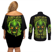 I Can't Go To Hell Reaper Skull Couples Matching Off Shoulder Short Dress and Long Sleeve Button Shirt - Wonder Print Shop