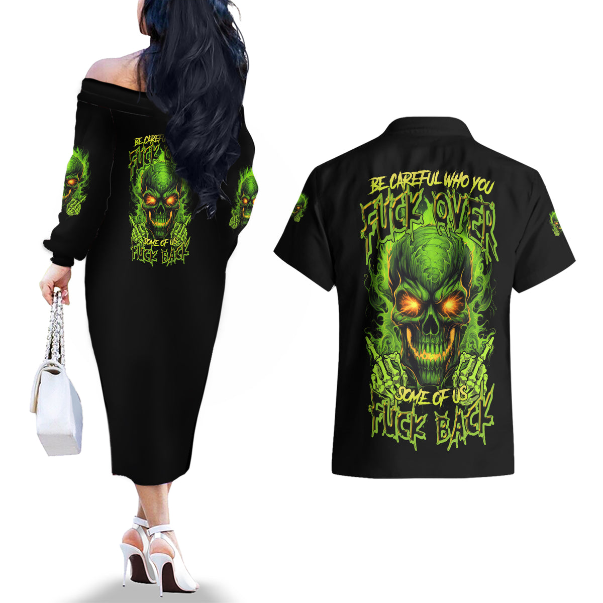 I Can't Go To Hell Reaper Skull Couples Matching Off The Shoulder Long Sleeve Dress and Hawaiian Shirt - Wonder Print Shop
