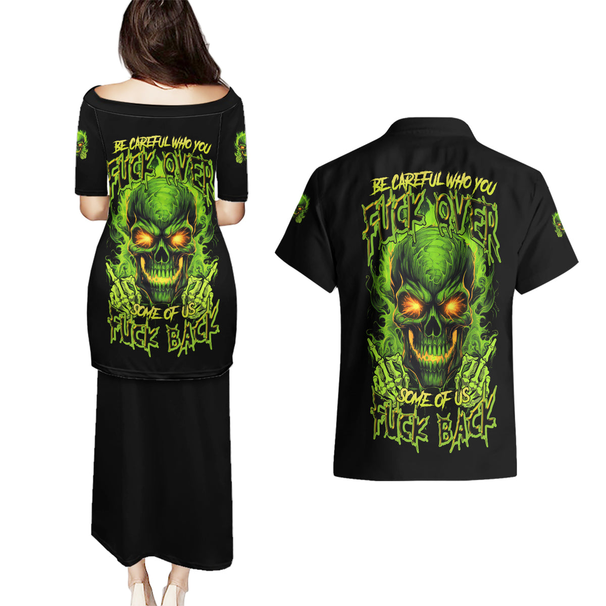 I Can't Go To Hell Reaper Skull Couples Matching Puletasi Dress and Hawaiian Shirt - Wonder Print Shop