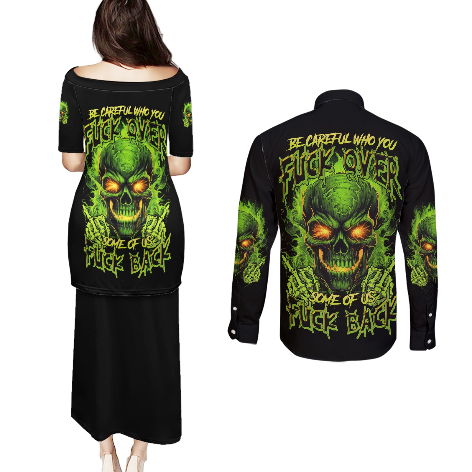 I Can't Go To Hell Reaper Skull Couples Matching Puletasi Dress and Long Sleeve Button Shirt - Wonder Print Shop