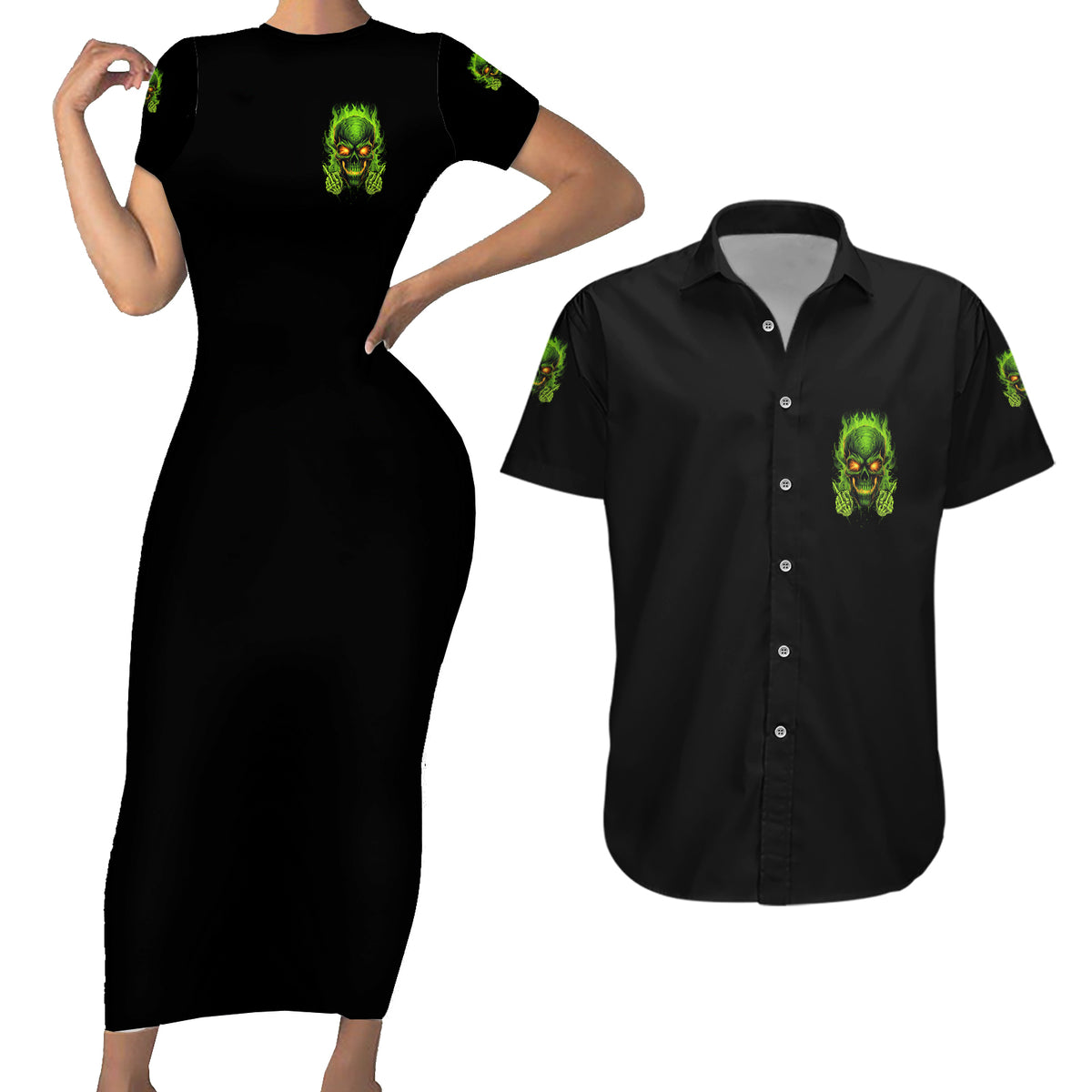 I Can't Go To Hell Reaper Skull Couples Matching Short Sleeve Bodycon Dress and Hawaiian Shirt - Wonder Print Shop