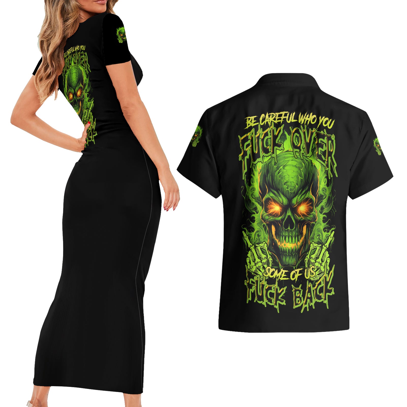 I Can't Go To Hell Reaper Skull Couples Matching Short Sleeve Bodycon Dress and Hawaiian Shirt - Wonder Print Shop