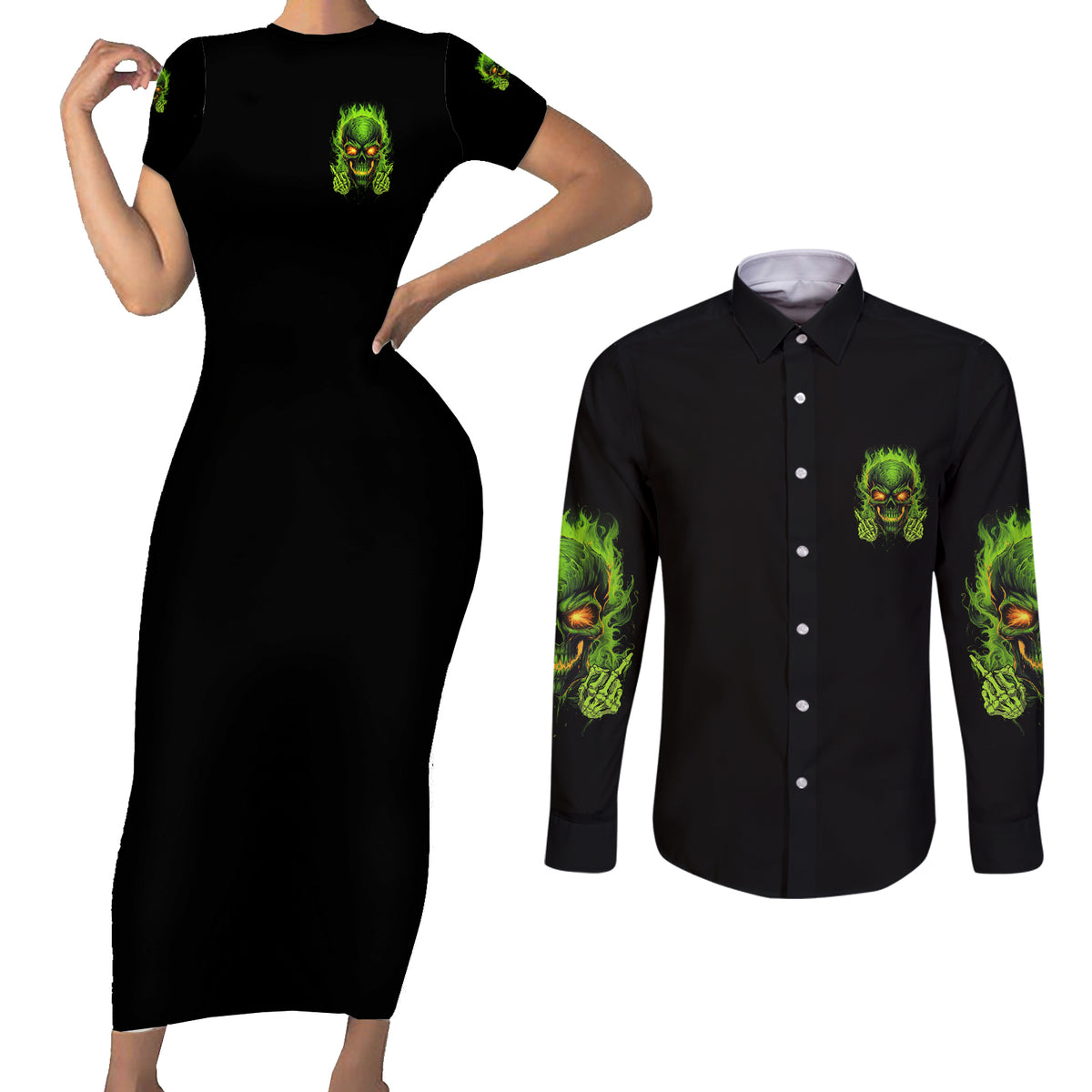 I Can't Go To Hell Reaper Skull Couples Matching Short Sleeve Bodycon Dress and Long Sleeve Button Shirt - Wonder Print Shop