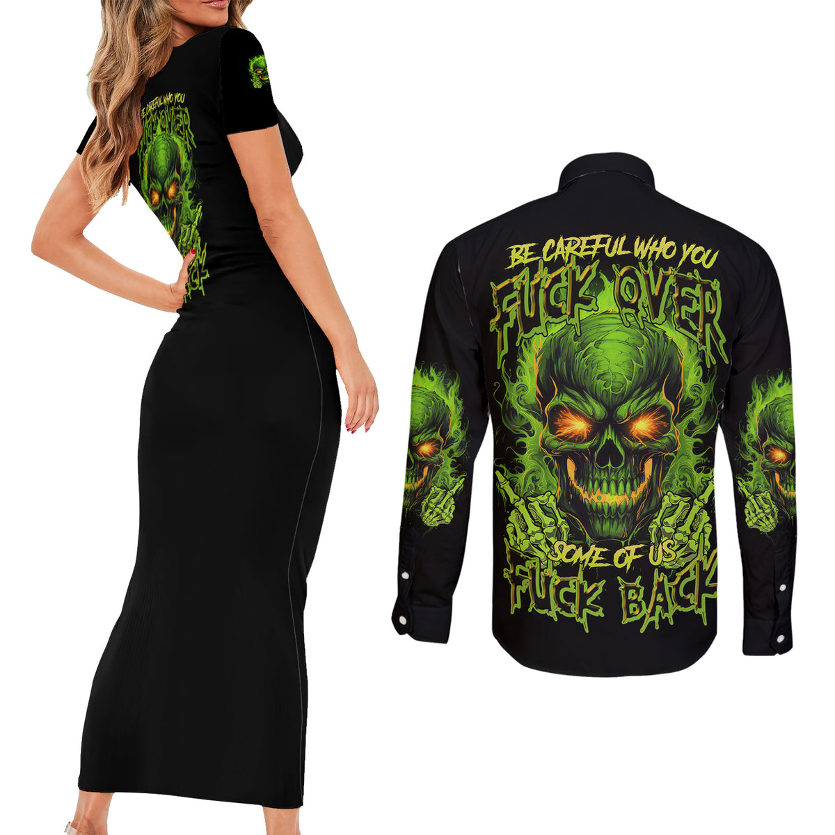 I Can't Go To Hell Reaper Skull Couples Matching Short Sleeve Bodycon Dress and Long Sleeve Button Shirt - Wonder Print Shop