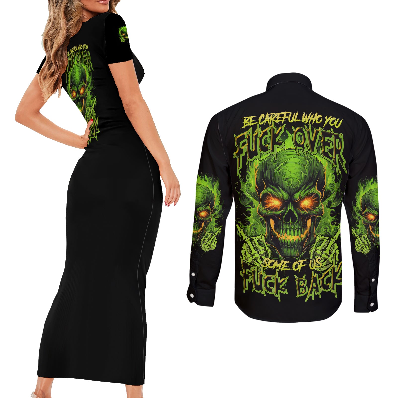 I Can't Go To Hell Reaper Skull Couples Matching Short Sleeve Bodycon Dress and Long Sleeve Button Shirt - Wonder Print Shop