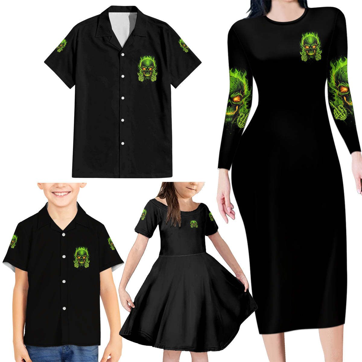 I Can't Go To Hell Reaper Skull Family Matching Long Sleeve Bodycon Dress and Hawaiian Shirt - Wonder Print Shop