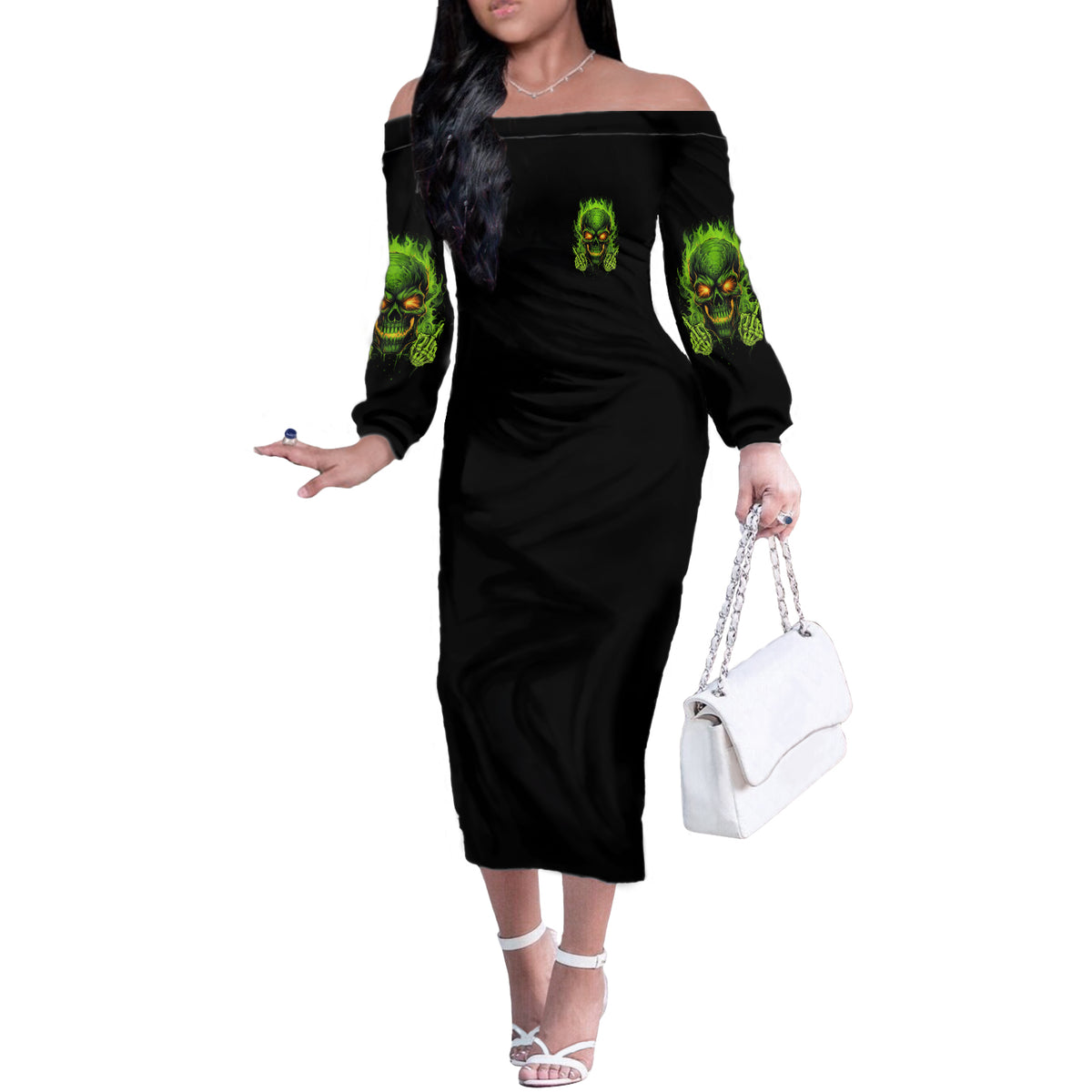 I Can't Go To Hell Reaper Skull Off The Shoulder Long Sleeve Dress - Wonder Print Shop