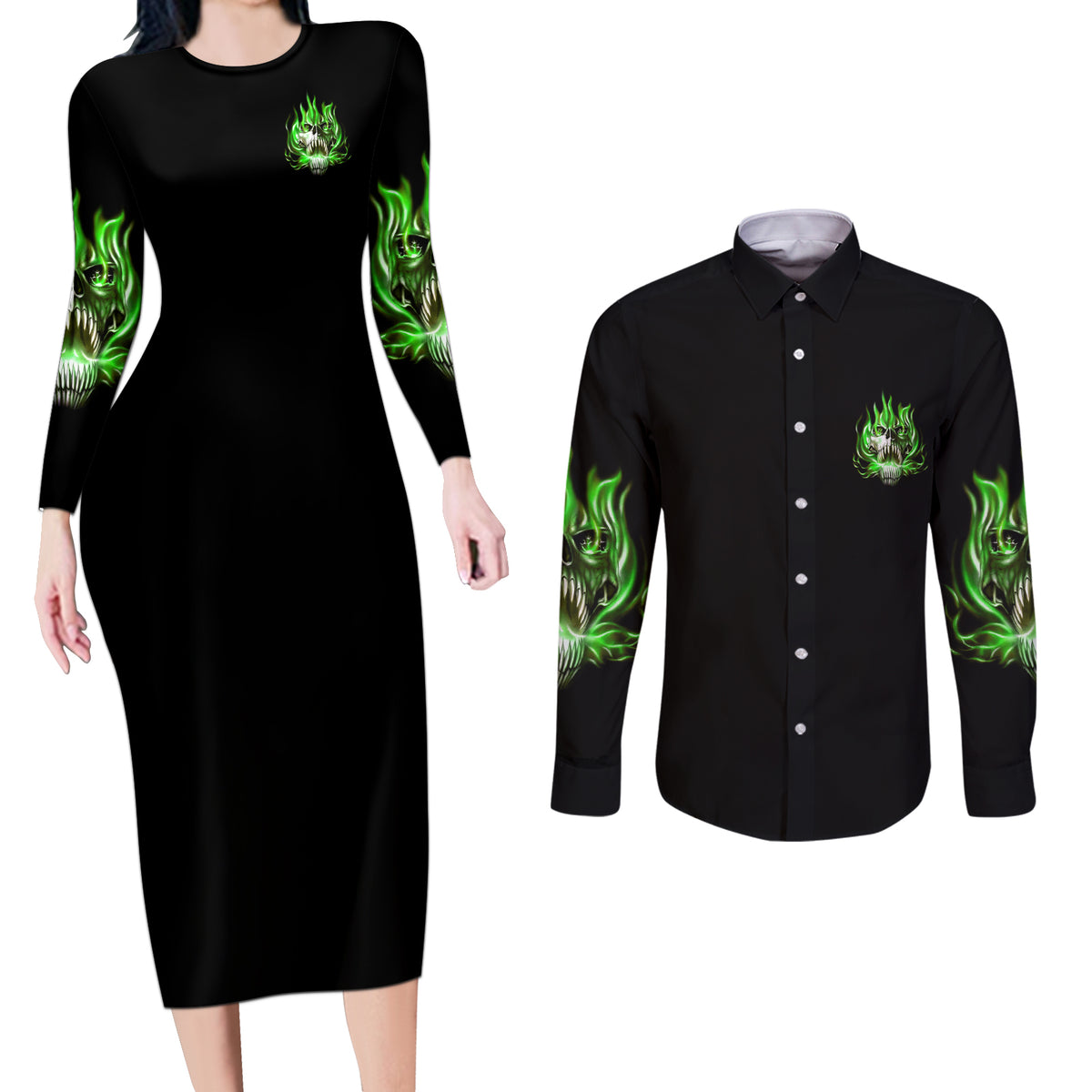 9 Of 10 Voices In My Head Fire Skull Couples Matching Long Sleeve Bodycon Dress and Long Sleeve Button Shirt - Wonder Print Shop