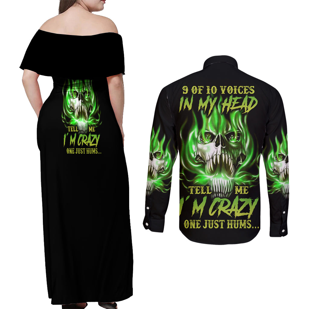 9 Of 10 Voices In My Head Fire Skull Couples Matching Off Shoulder Maxi Dress and Long Sleeve Button Shirt - Wonder Print Shop