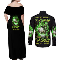 9 Of 10 Voices In My Head Fire Skull Couples Matching Off Shoulder Maxi Dress and Long Sleeve Button Shirt - Wonder Print Shop