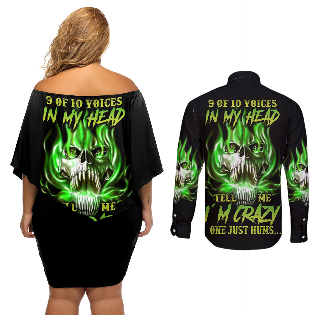 9 Of 10 Voices In My Head Fire Skull Couples Matching Off Shoulder Short Dress and Long Sleeve Button Shirt - Wonder Print Shop