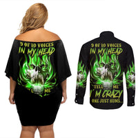 9 Of 10 Voices In My Head Fire Skull Couples Matching Off Shoulder Short Dress and Long Sleeve Button Shirt - Wonder Print Shop