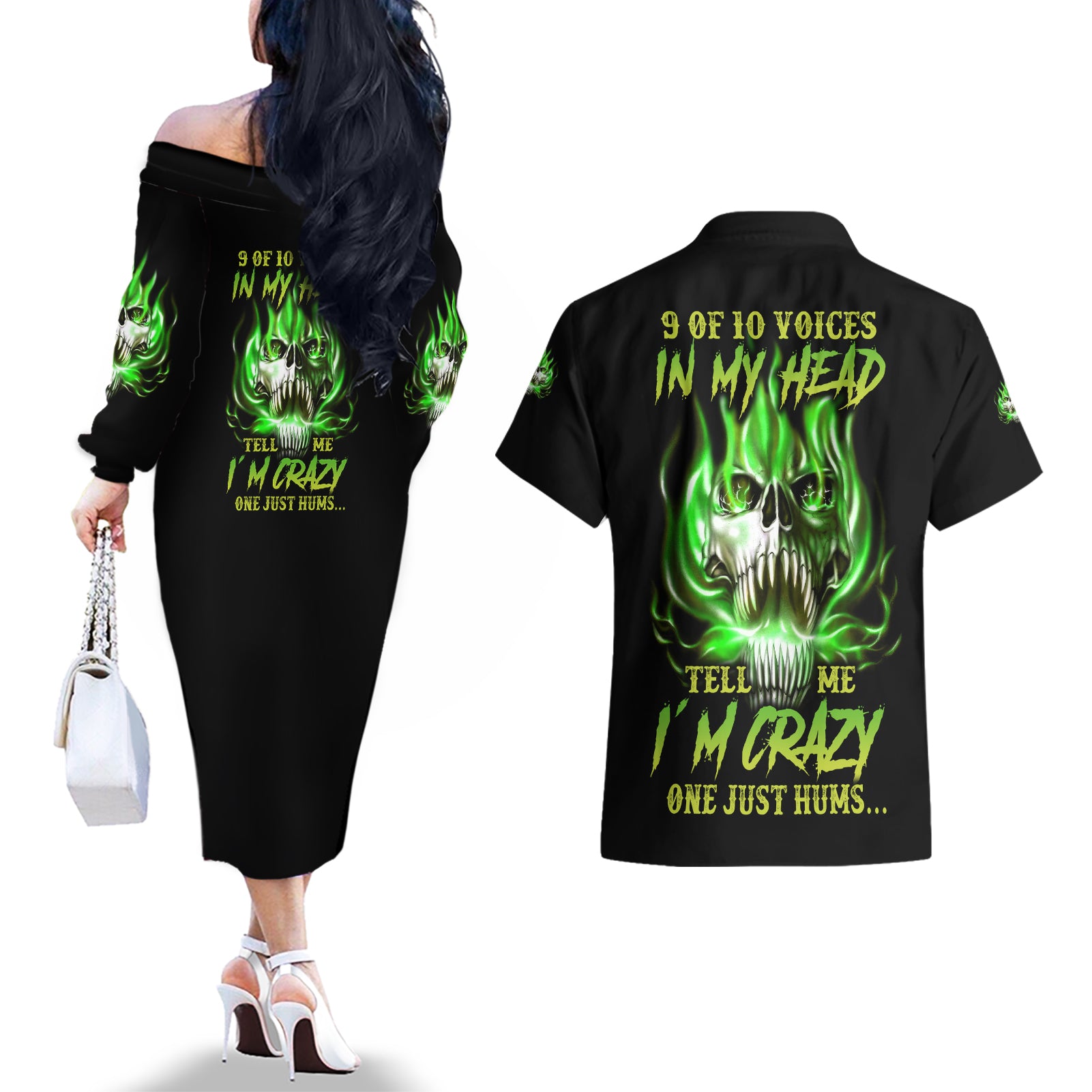 9 Of 10 Voices In My Head Fire Skull Couples Matching Off The Shoulder Long Sleeve Dress and Hawaiian Shirt - Wonder Print Shop